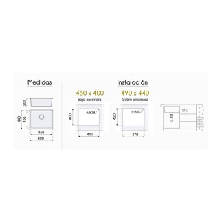 FREGADERO BAJO ENCIMERA CUADRADO BERLIN 490X440MM. (45-40) F16712 P400 2