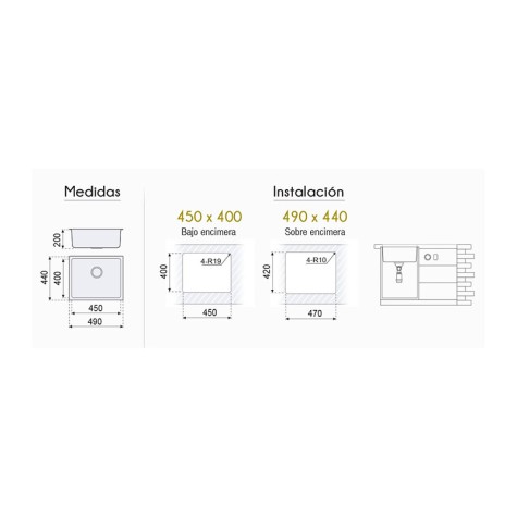 FREGADERO BAJO ENCIMERA CUADRADO BERLIN 490X440MM. (45-40) F16712 P400