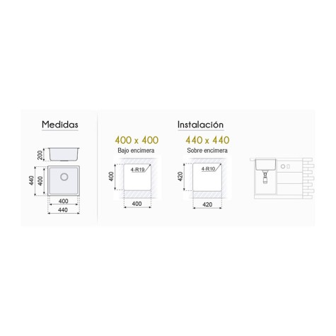 FREGADERO BAJO ENCIMERA CUADRADO BERLIN 440X440MM. (40-40) F16711 P400