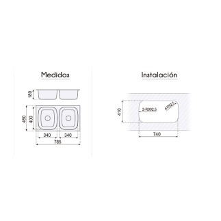 FREGADERO BAJO ENCIMERA 2 SENOS ATENAS 745X410MM. F16758 P400 2