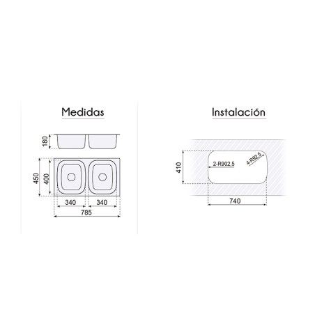 FREGADERO BAJO ENCIMERA 2 SENOS ATENAS 745X410MM. F16758 P400
