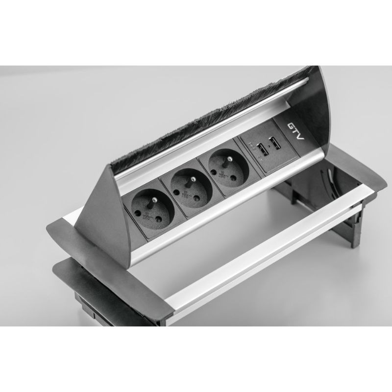 ENCHUFE P/MUEBLE EMPOTRADO RECTANGULAR C/CEPILLO ALUMINIO AE-PBC3GS2U-53BKS GTV